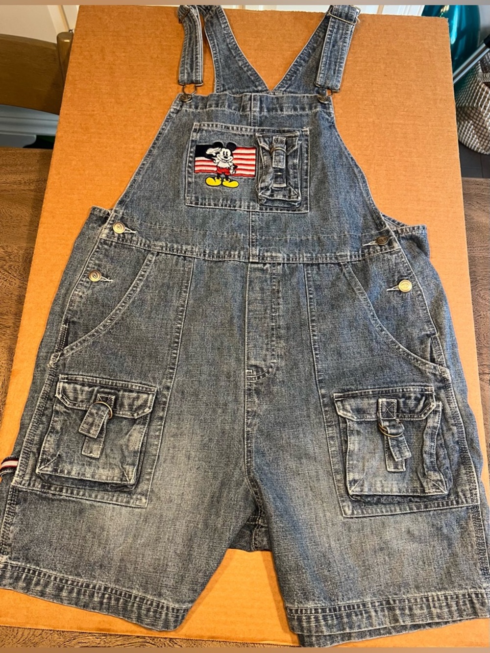 Vintage 90’s Disney Denim Mickey Mouse Overalls Jean Short USA Romper SZ Large